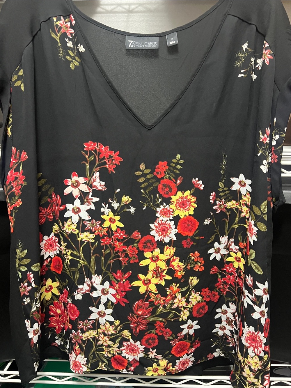New York & Company Black Floral V-Neck Blouse with Red, Yellow & White Flowers
